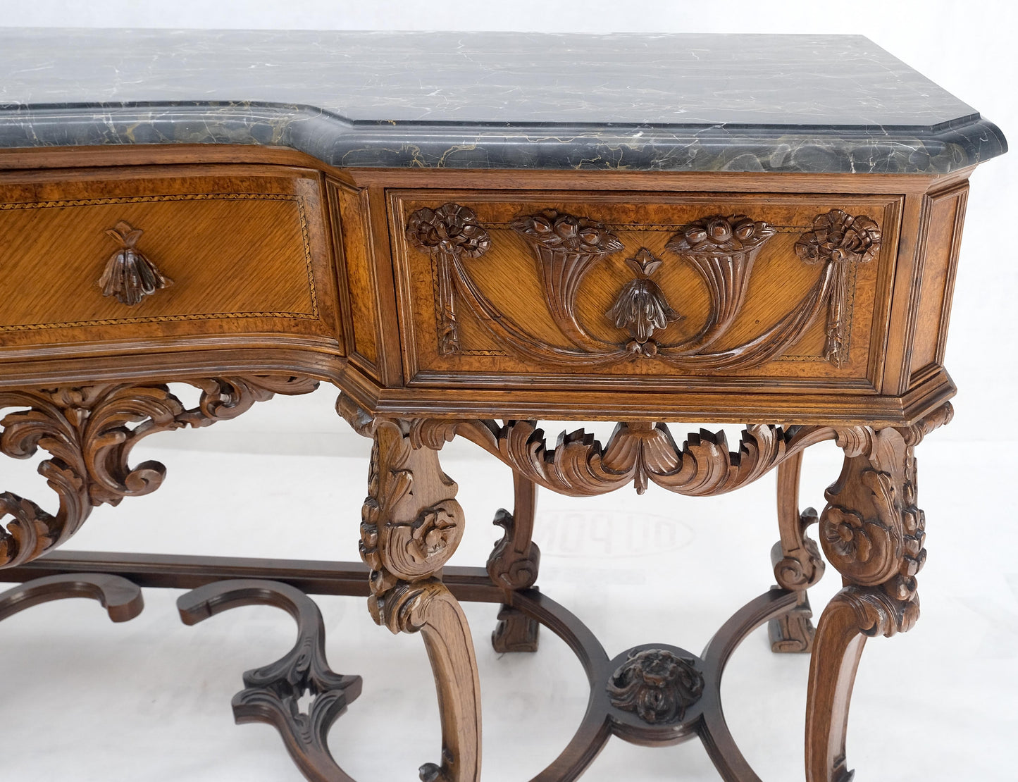Antique Dovetailed Inlaid Carved Walnut Marble Top SideBoard Server Buffet MINT!
