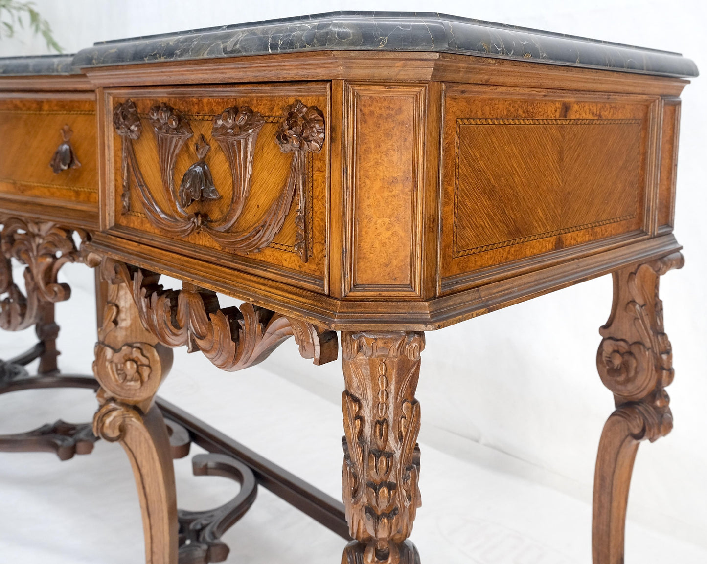 Antique Dovetailed Inlaid Carved Walnut Marble Top SideBoard Server Buffet MINT!
