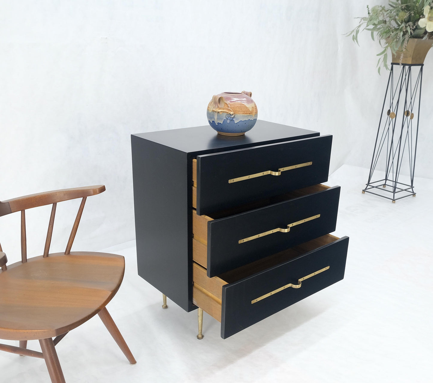 Black Lacquer Solid Brass Decorative Hardware 3 Drawers Bachelor Chest Dresser