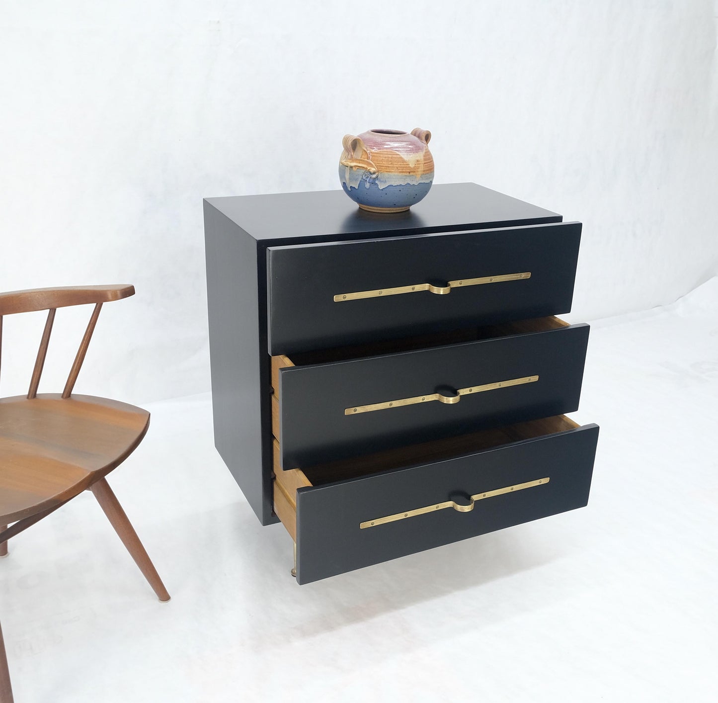 Black Lacquer Solid Brass Decorative Hardware 3 Drawers Bachelor Chest Dresser