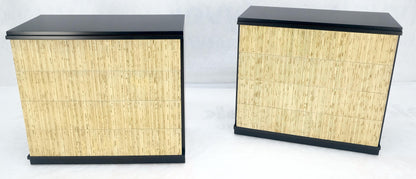 Pair Black Lacquer 4 Drawers "Linen Fold" Fronts Bachelor Chests Dressers MINT