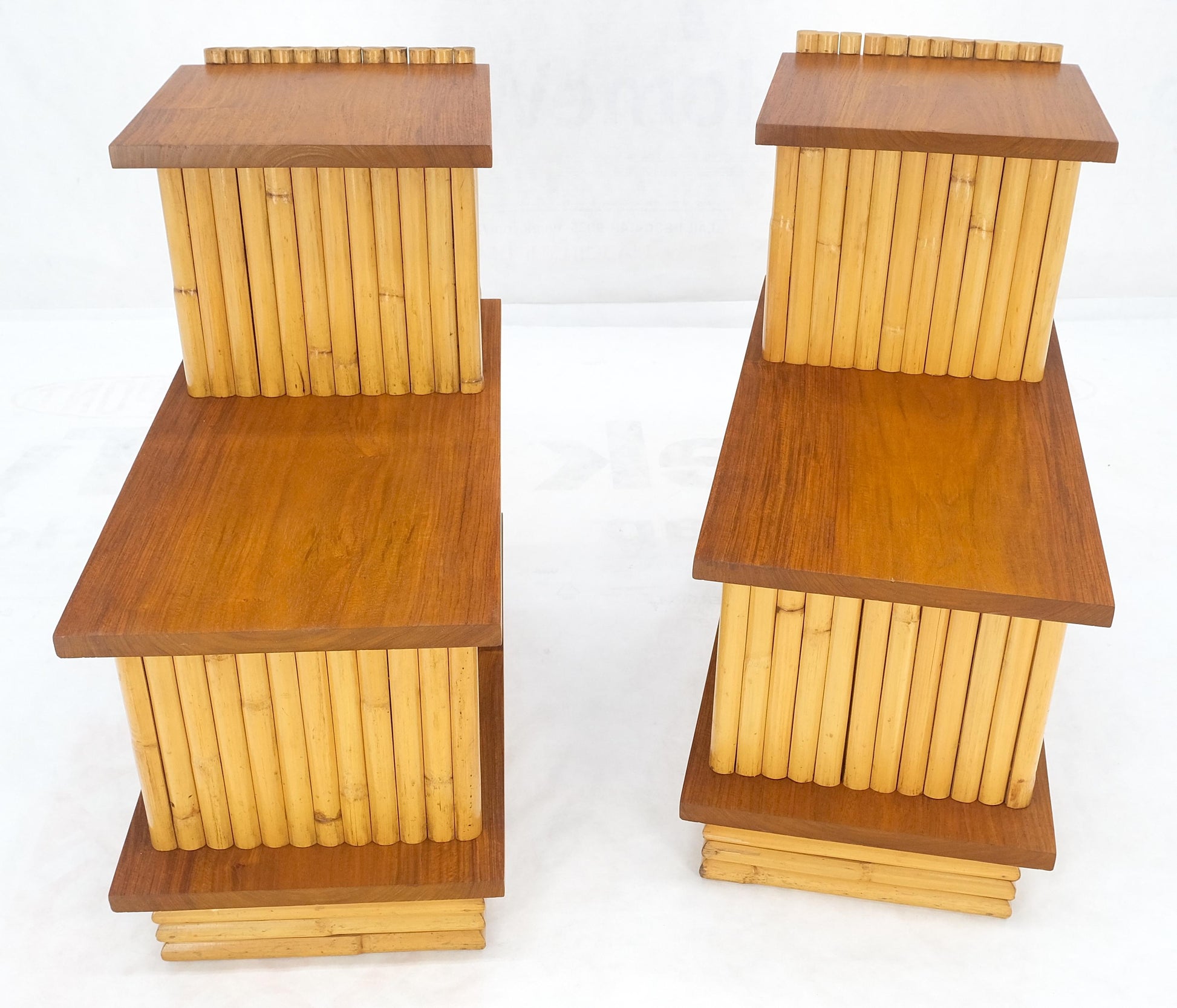 EstablishedLines Pair of Restored 1950s Solid Mahogany & Bamboo Reed Step End Side Tables Stands