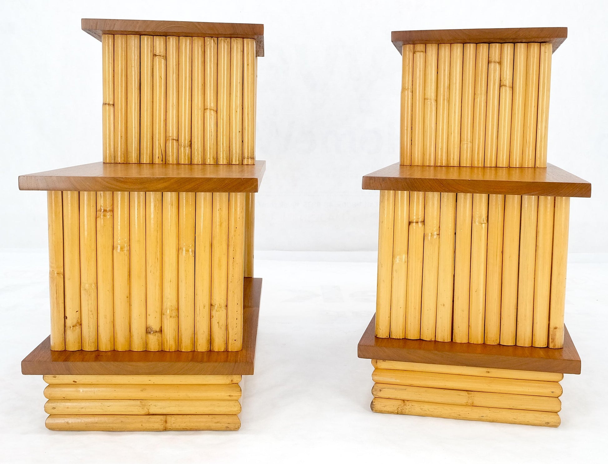 EstablishedLines Pair of Restored 1950s Solid Mahogany & Bamboo Reed Step End Side Tables Stands