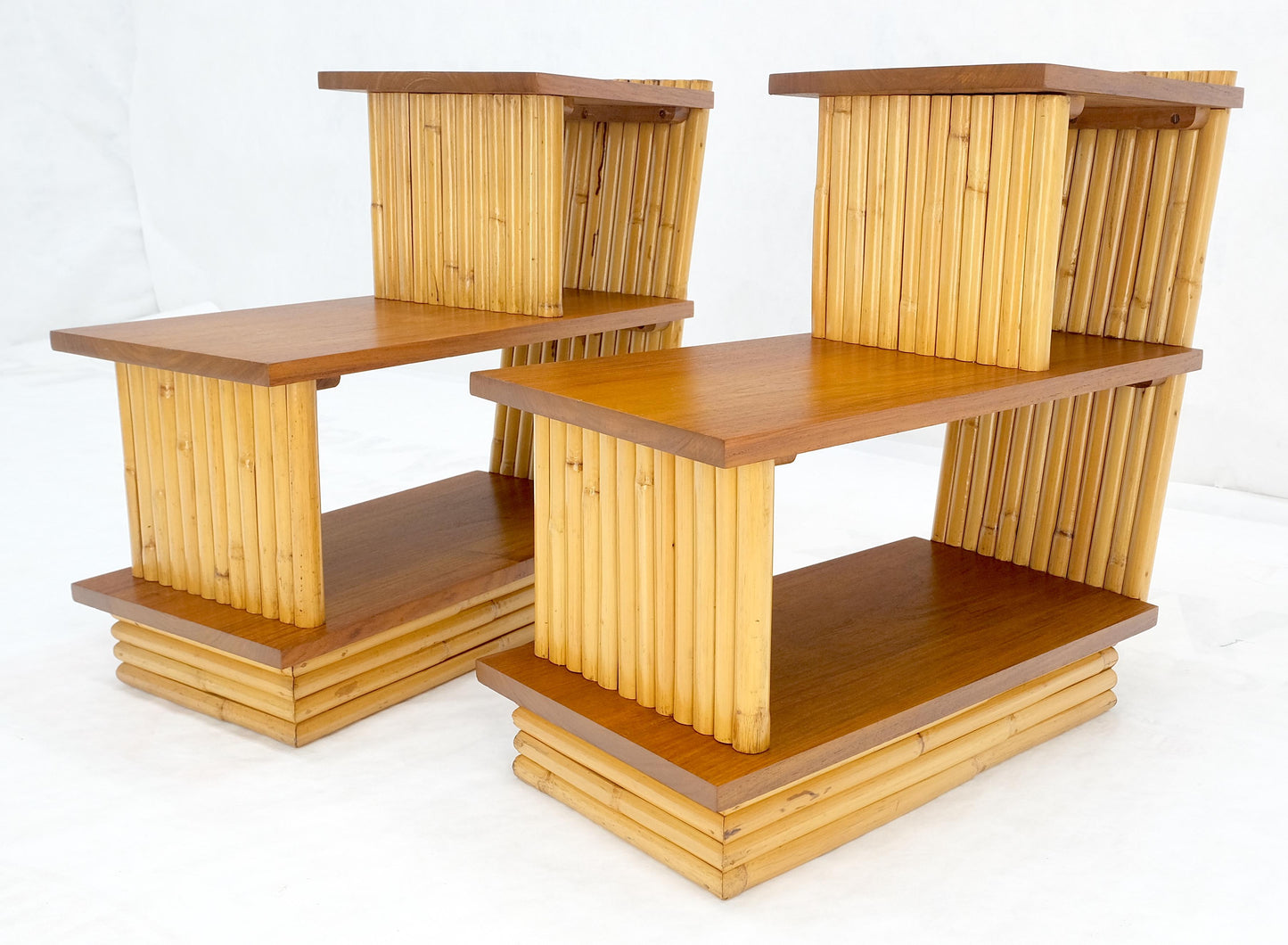 EstablishedLines Pair of Restored 1950s Solid Mahogany & Bamboo Reed Step End Side Tables Stands