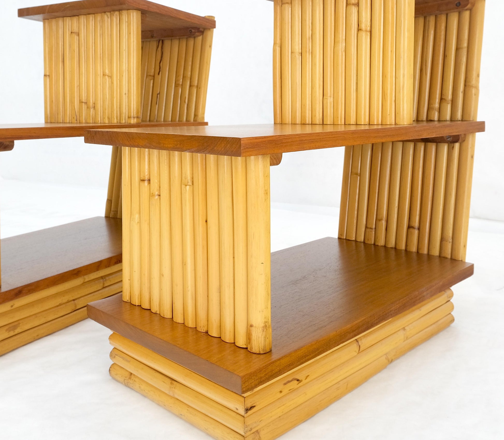 EstablishedLines Pair of Restored 1950s Solid Mahogany & Bamboo Reed Step End Side Tables Stands