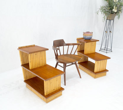 EstablishedLines Pair of Restored 1950s Solid Mahogany & Bamboo Reed Step End Side Tables Stands