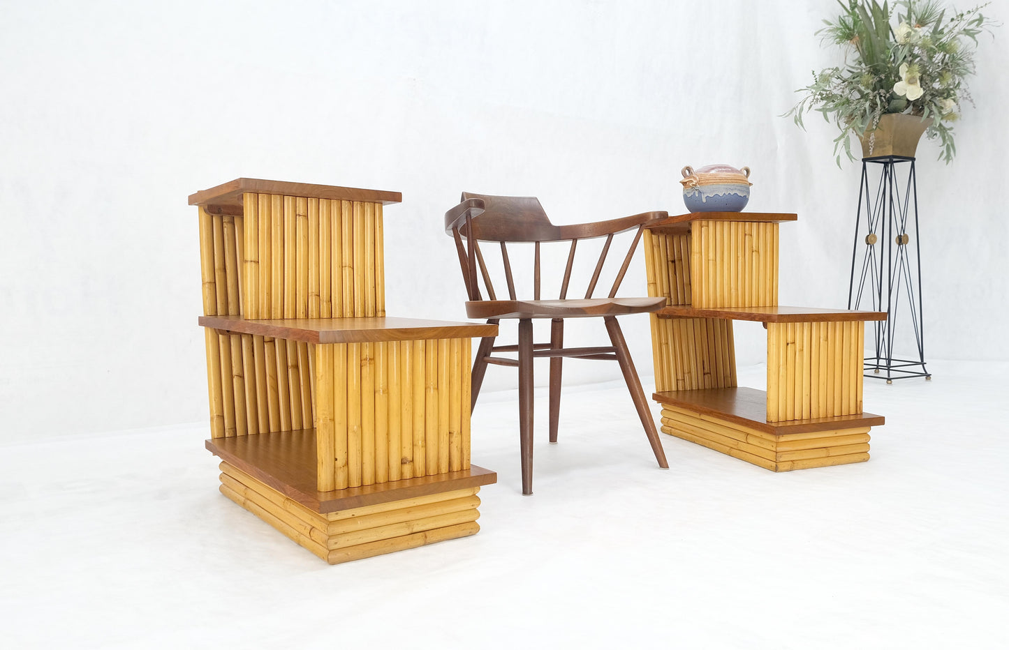 EstablishedLines Pair of Restored 1950s Solid Mahogany & Bamboo Reed Step End Side Tables Stands