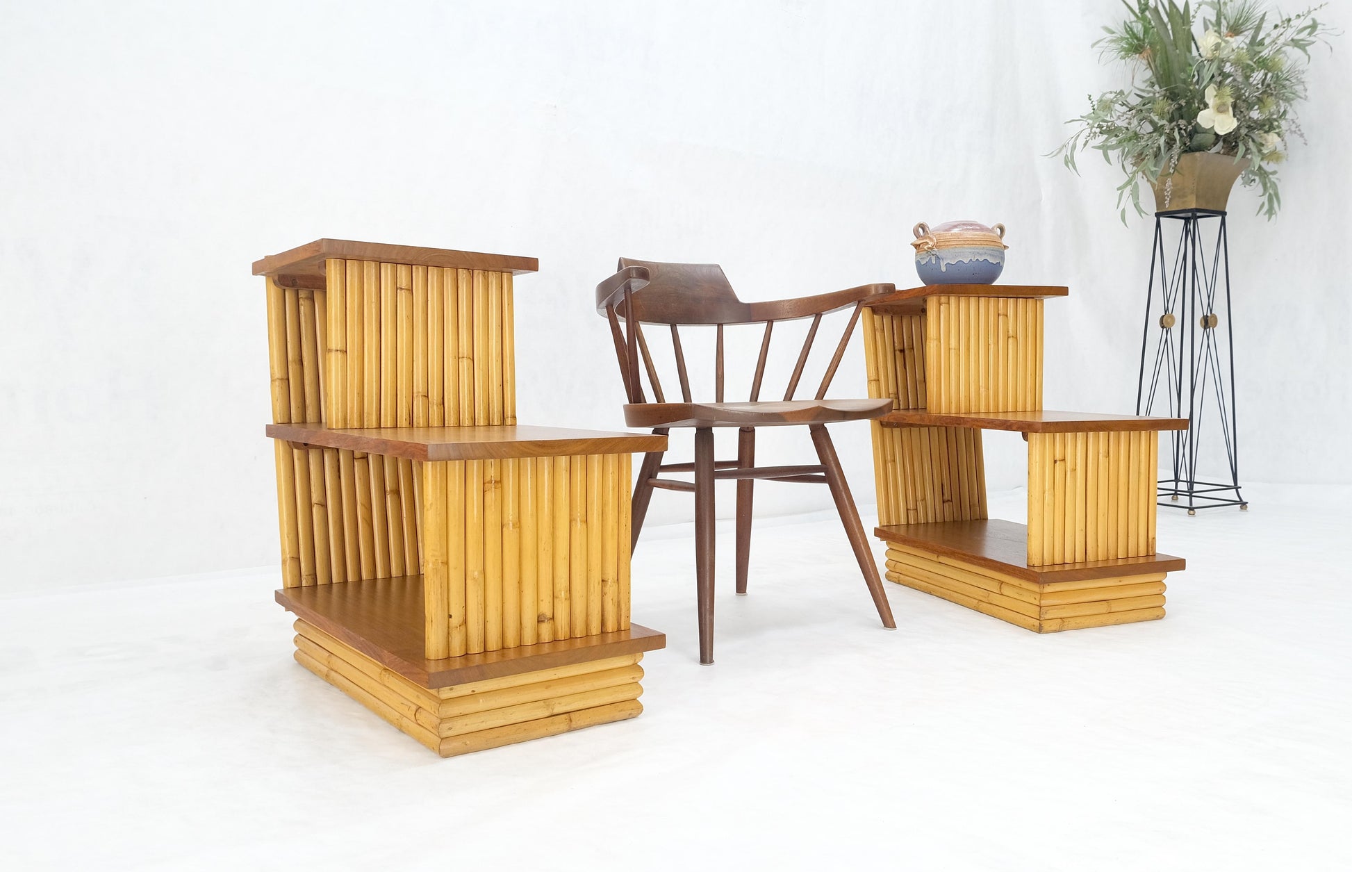 EstablishedLines Pair of Restored 1950s Solid Mahogany & Bamboo Reed Step End Side Tables Stands