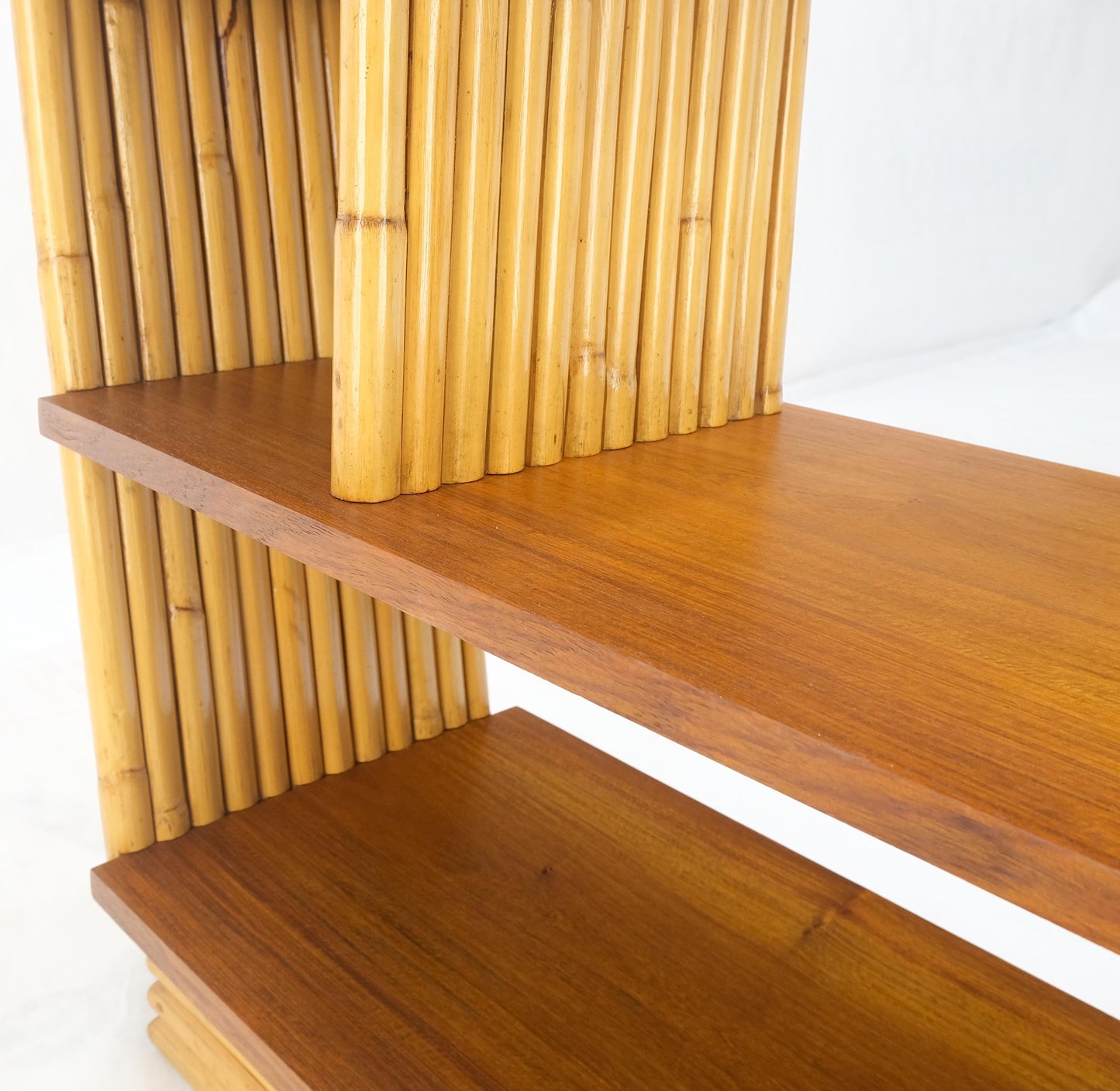 EstablishedLines Pair of Restored 1950s Solid Mahogany & Bamboo Reed Step End Side Tables Stands