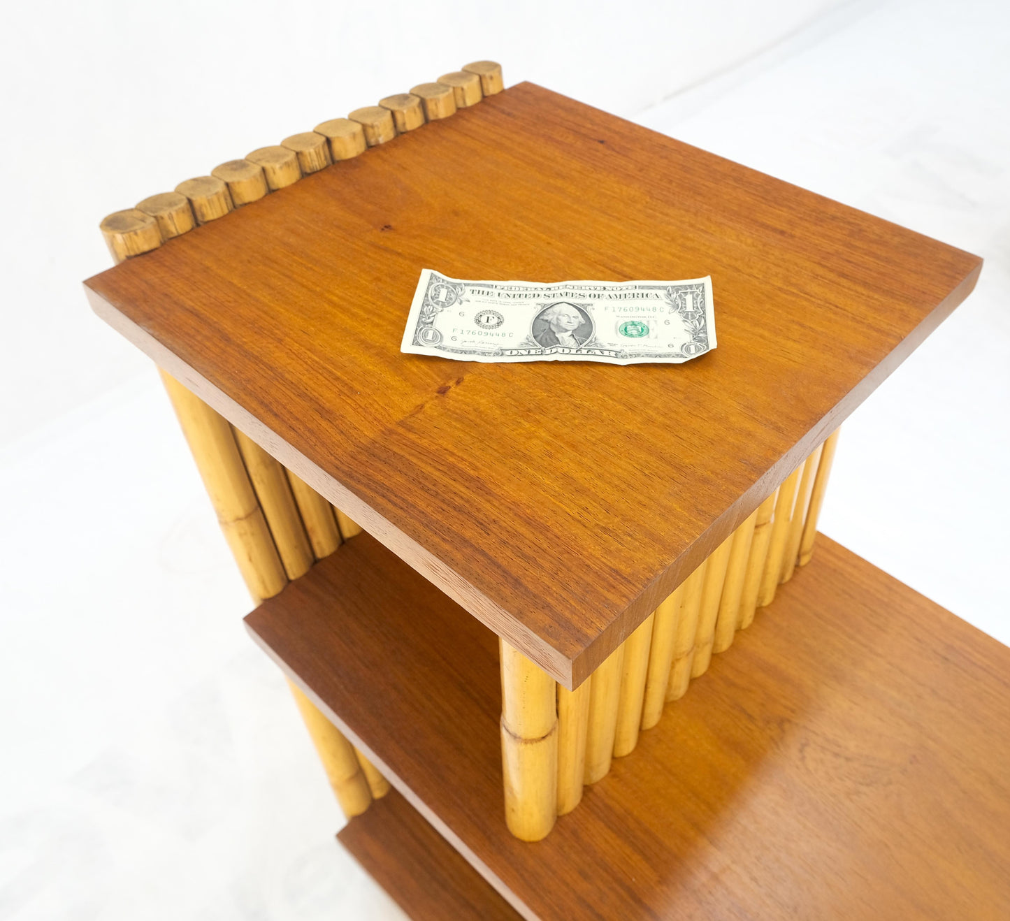 EstablishedLines Pair of Restored 1950s Solid Mahogany & Bamboo Reed Step End Side Tables Stands