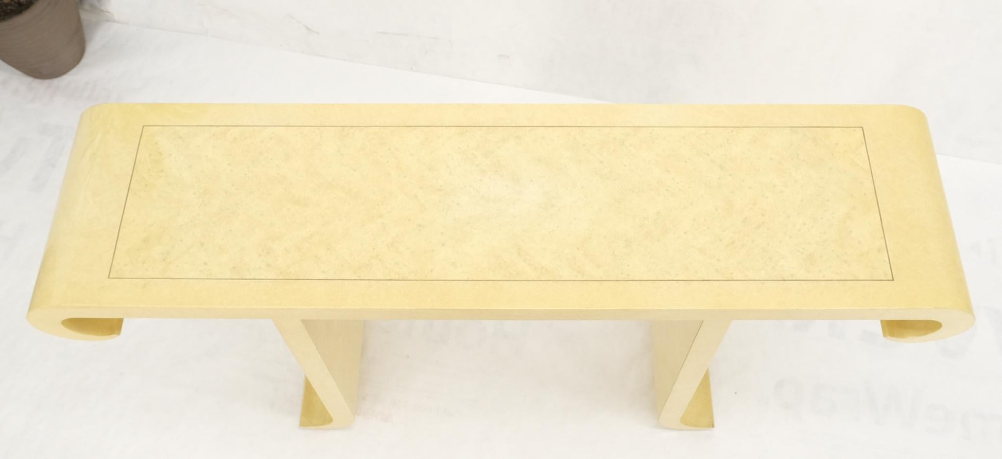 EstablishedLines Oriental Asian Modern White Lacquer Faux Finish Scroll Design Console Sofa Table
