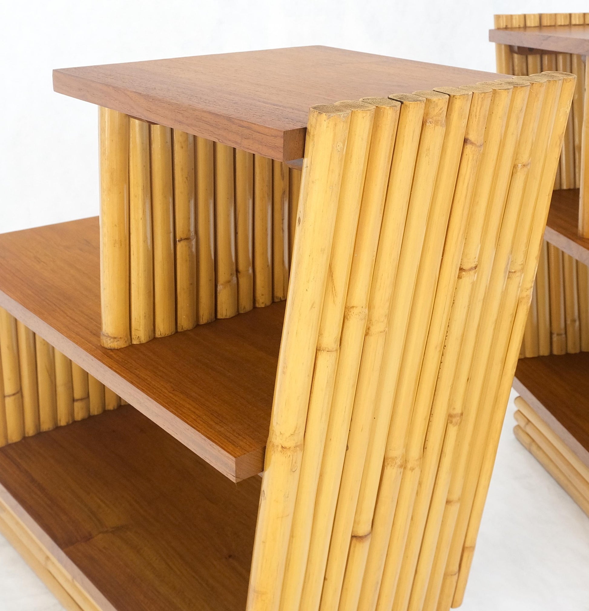 EstablishedLines Pair of Restored 1950s Solid Mahogany & Bamboo Reed Step End Side Tables Stands
