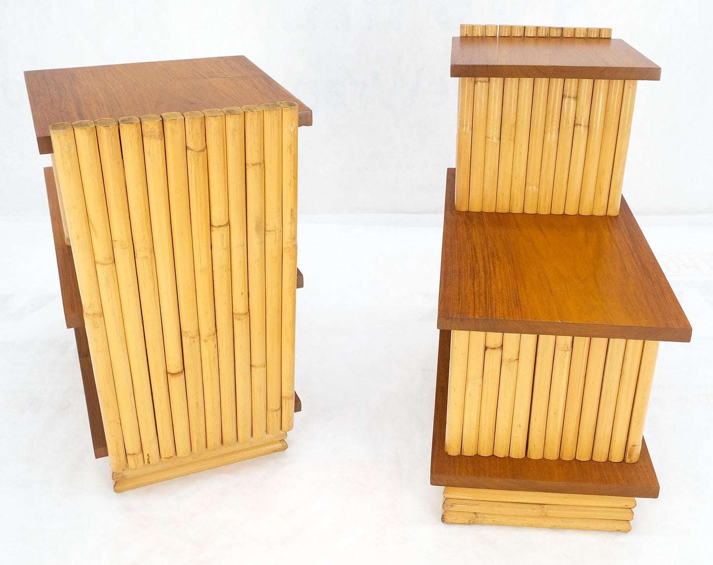 EstablishedLines Pair of Restored 1950s Solid Mahogany & Bamboo Reed Step End Side Tables Stands