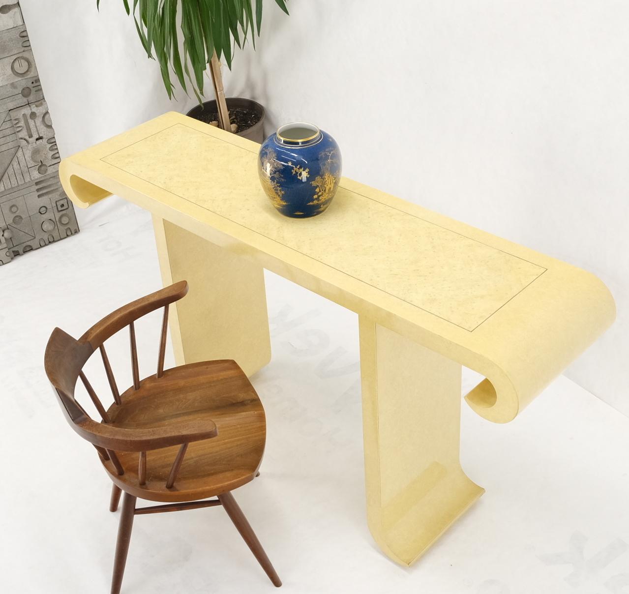 EstablishedLines Oriental Asian Modern White Lacquer Faux Finish Scroll Design Console Sofa Table