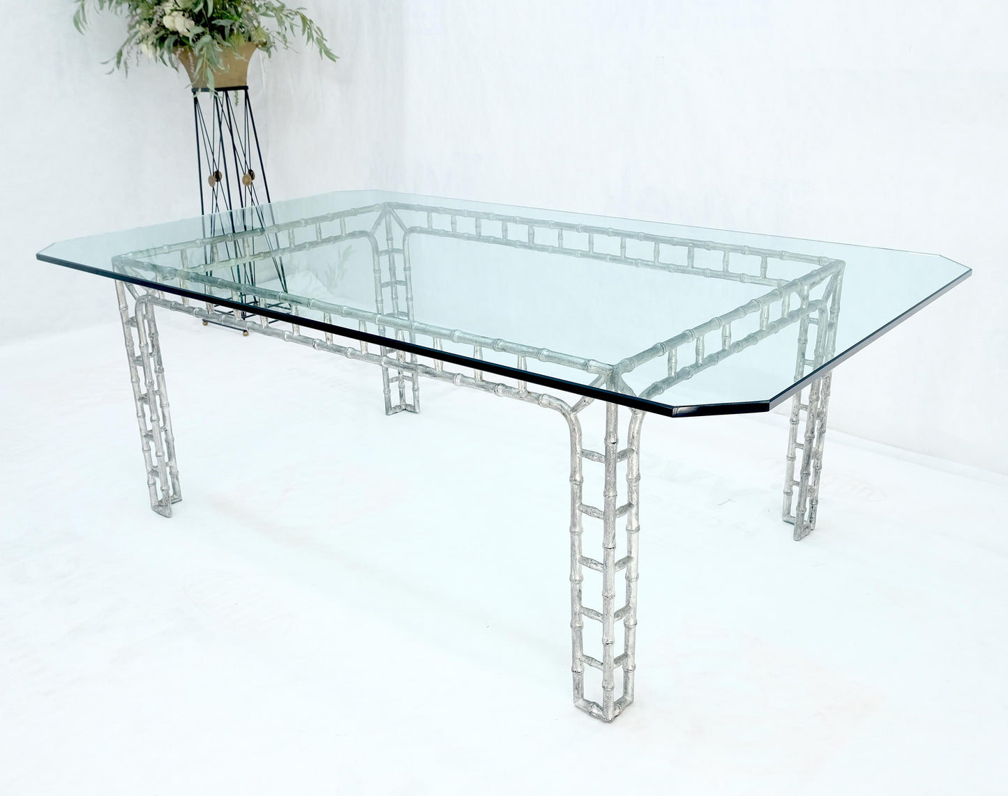 EstablishedLines Large 7' Long 3/4" Thick Glass Top Cast Aluminum Faux Bamboo Base Dining Table