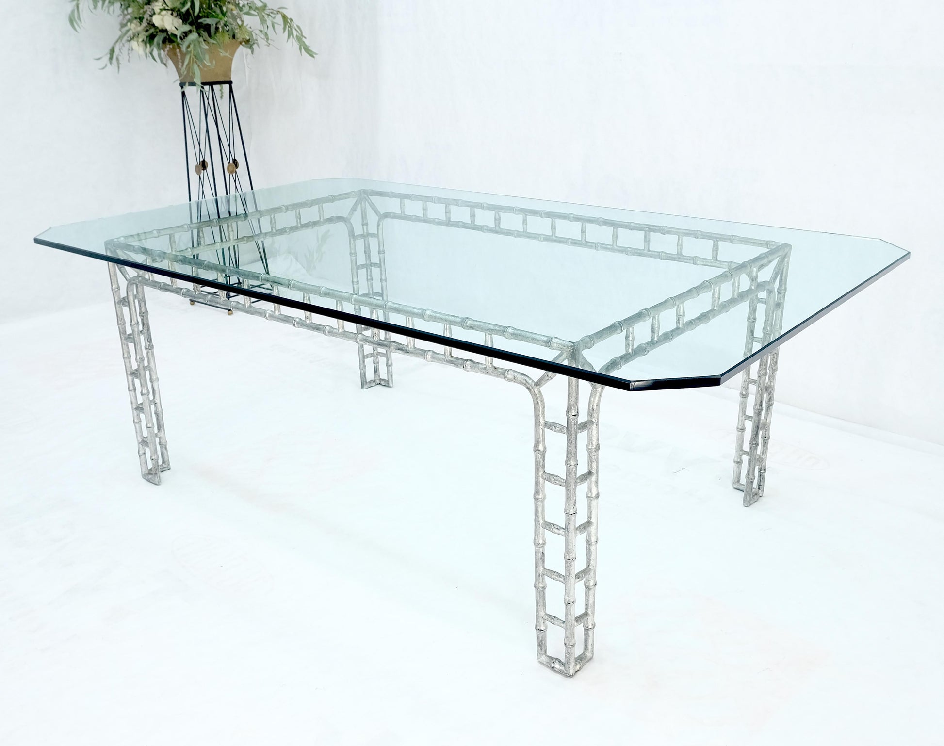 EstablishedLines Large 7' Long 3/4" Thick Glass Top Cast Aluminum Faux Bamboo Base Dining Table