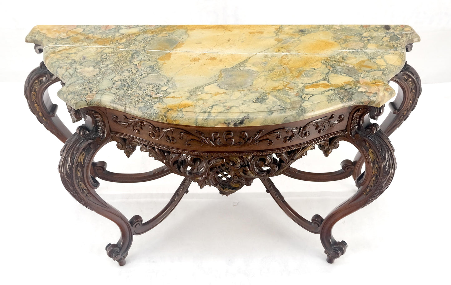 EstablishedLines Regency Revival Heavily Fine Carved Stretcher Base Marble Top Console Table MINT