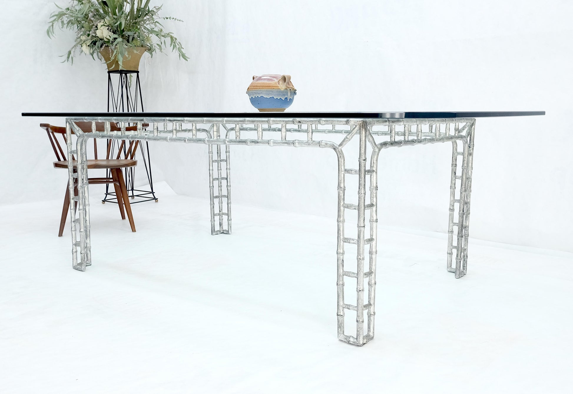 EstablishedLines Large 7' Long 3/4" Thick Glass Top Cast Aluminum Faux Bamboo Base Dining Table