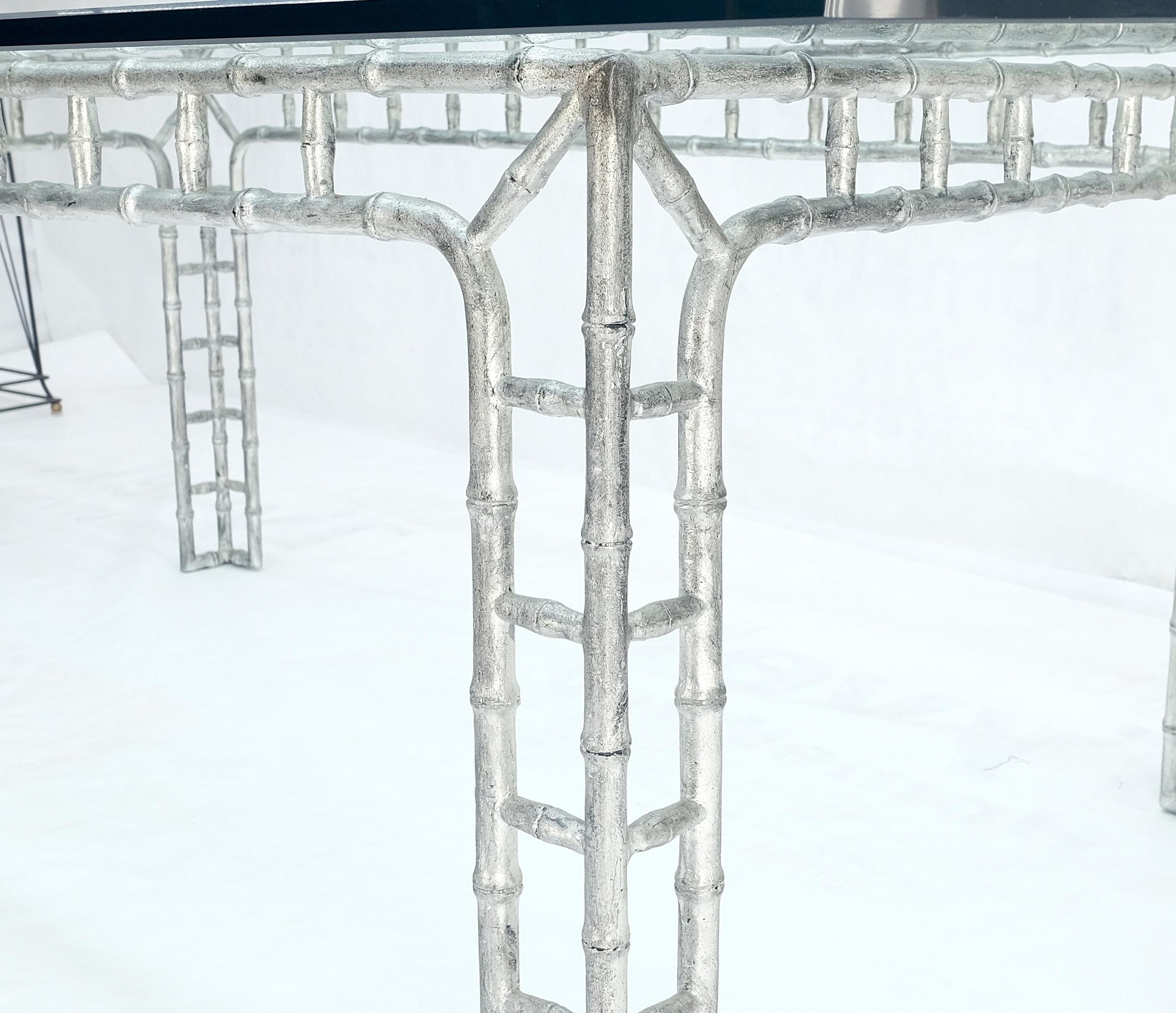 EstablishedLines Large 7' Long 3/4" Thick Glass Top Cast Aluminum Faux Bamboo Base Dining Table
