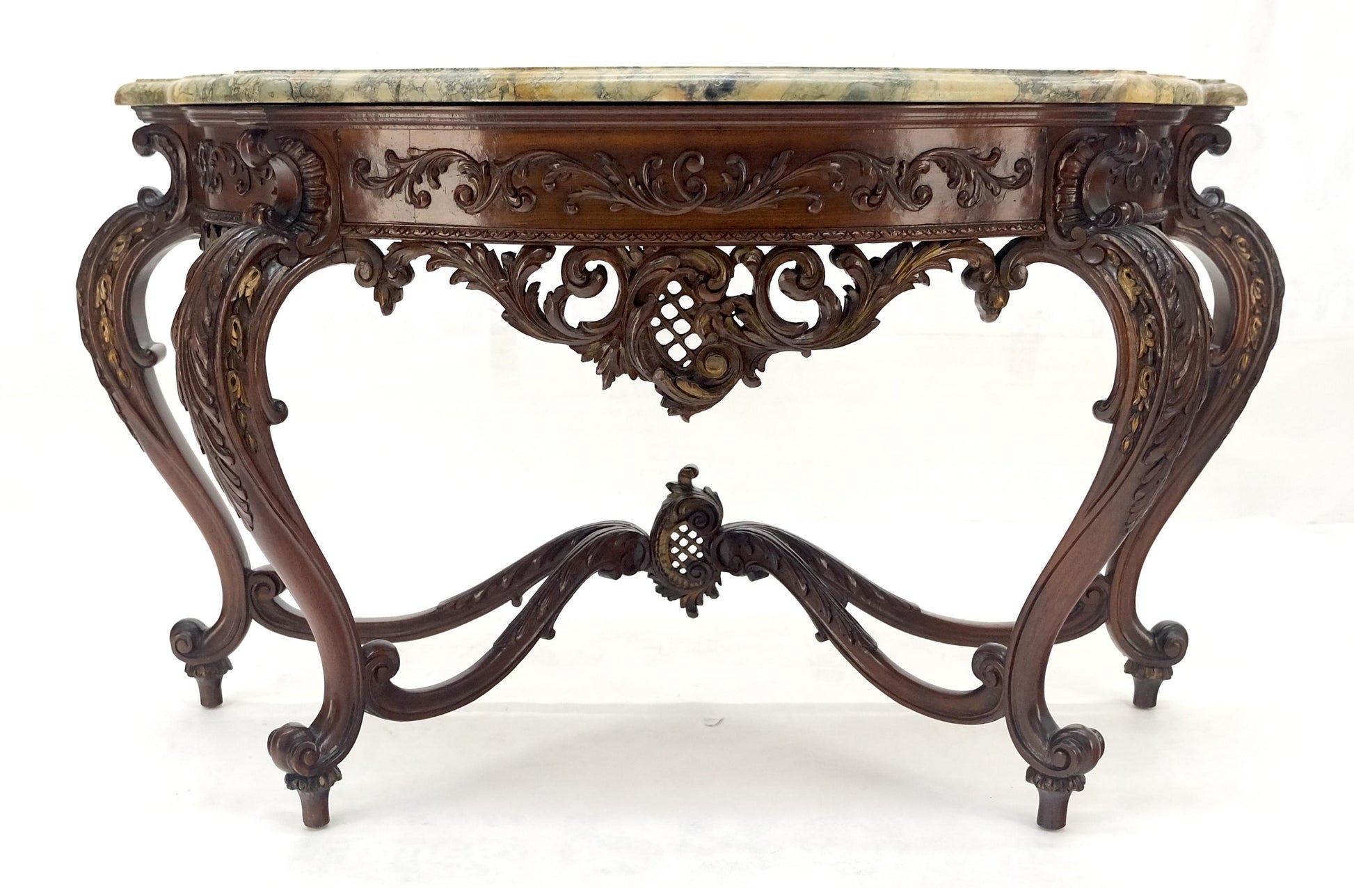 EstablishedLines Regency Revival Heavily Fine Carved Stretcher Base Marble Top Console Table MINT