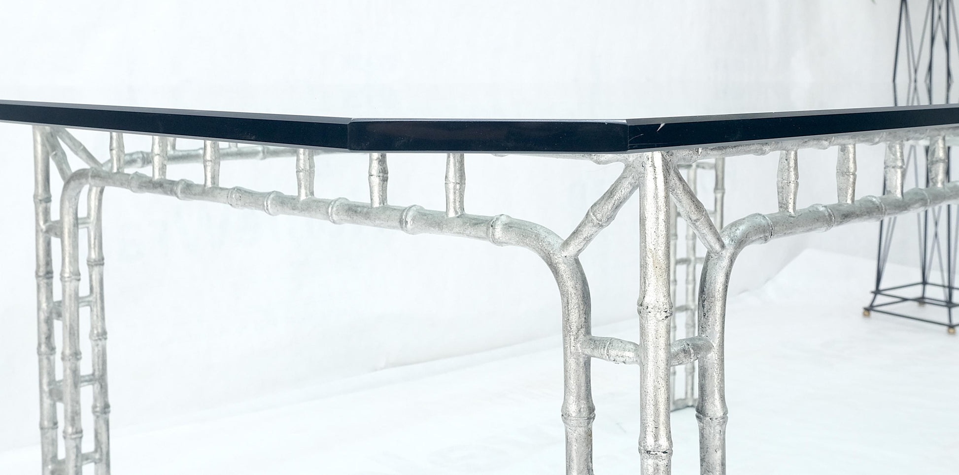 EstablishedLines Large 7' Long 3/4" Thick Glass Top Cast Aluminum Faux Bamboo Base Dining Table