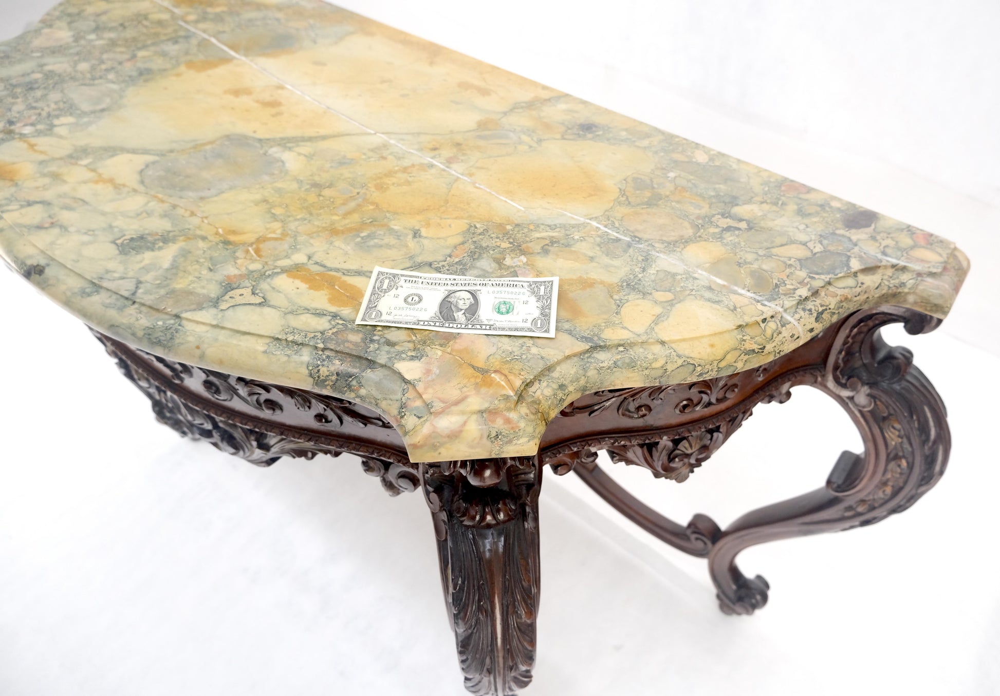 EstablishedLines Regency Revival Heavily Fine Carved Stretcher Base Marble Top Console Table MINT