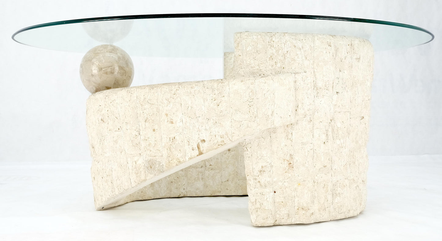 EstablishedLines Oval Glass Top Polished Ball & Shoe Shape Tessellated Marble Base Coffee Table