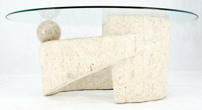 EstablishedLines Oval Glass Top Polished Ball & Shoe Shape Tessellated Marble Base Coffee Table