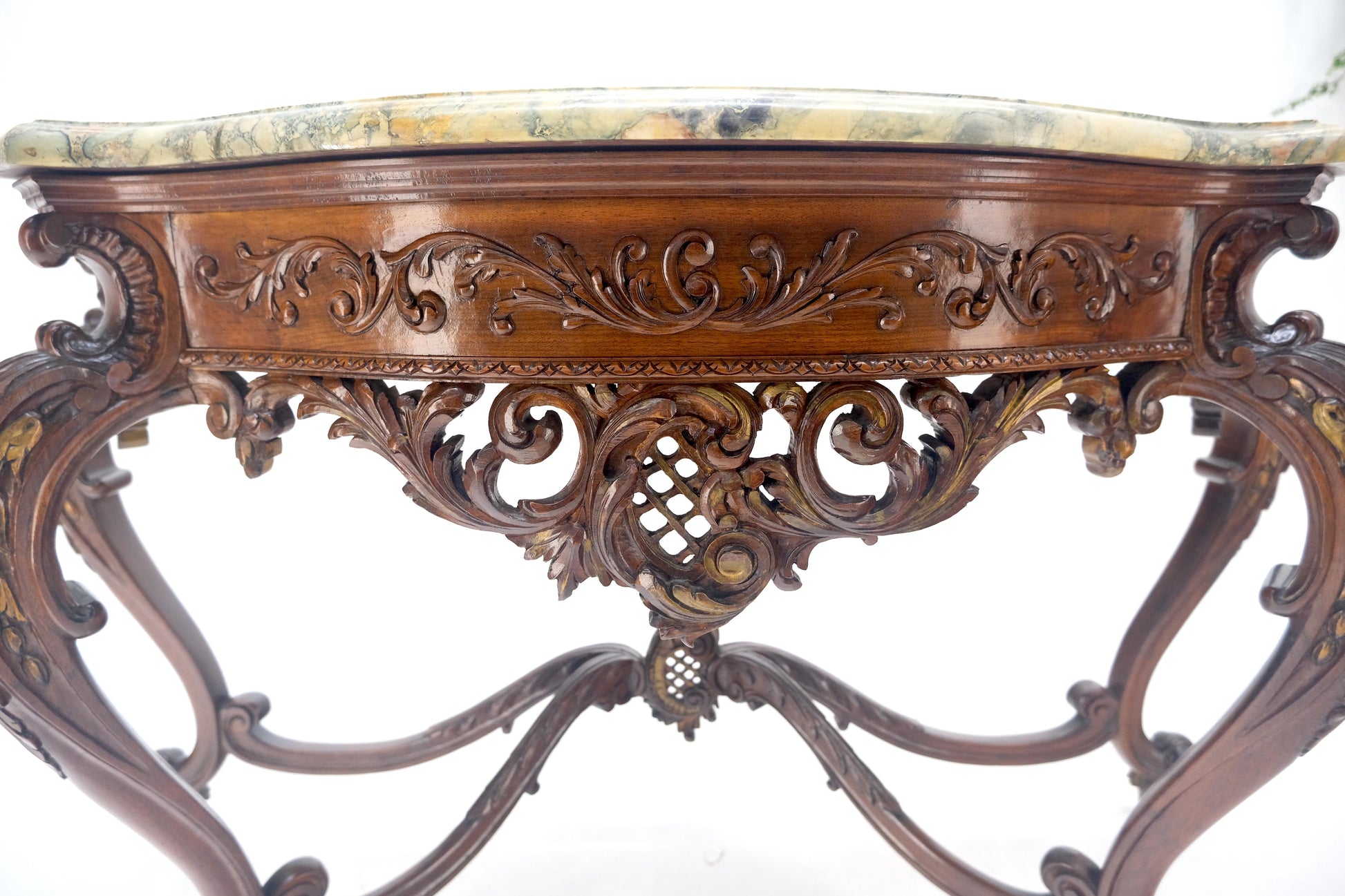 EstablishedLines Regency Revival Heavily Fine Carved Stretcher Base Marble Top Console Table MINT