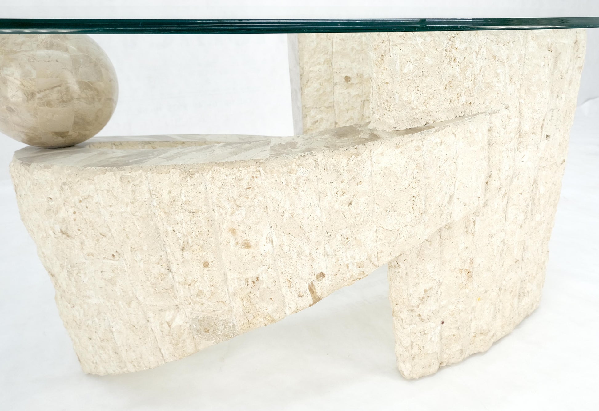 EstablishedLines Oval Glass Top Polished Ball & Shoe Shape Tessellated Marble Base Coffee Table