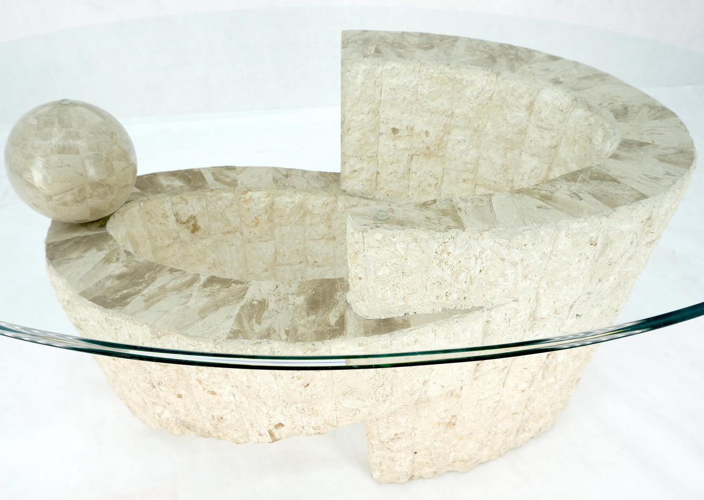 EstablishedLines Oval Glass Top Polished Ball & Shoe Shape Tessellated Marble Base Coffee Table