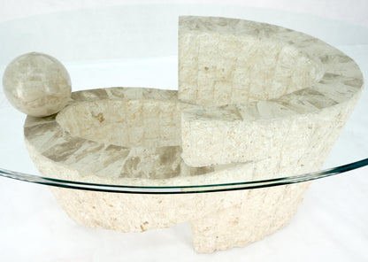 EstablishedLines Oval Glass Top Polished Ball & Shoe Shape Tessellated Marble Base Coffee Table