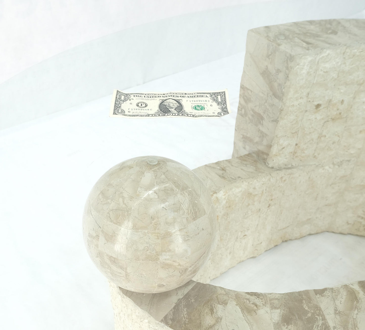 EstablishedLines Oval Glass Top Polished Ball & Shoe Shape Tessellated Marble Base Coffee Table