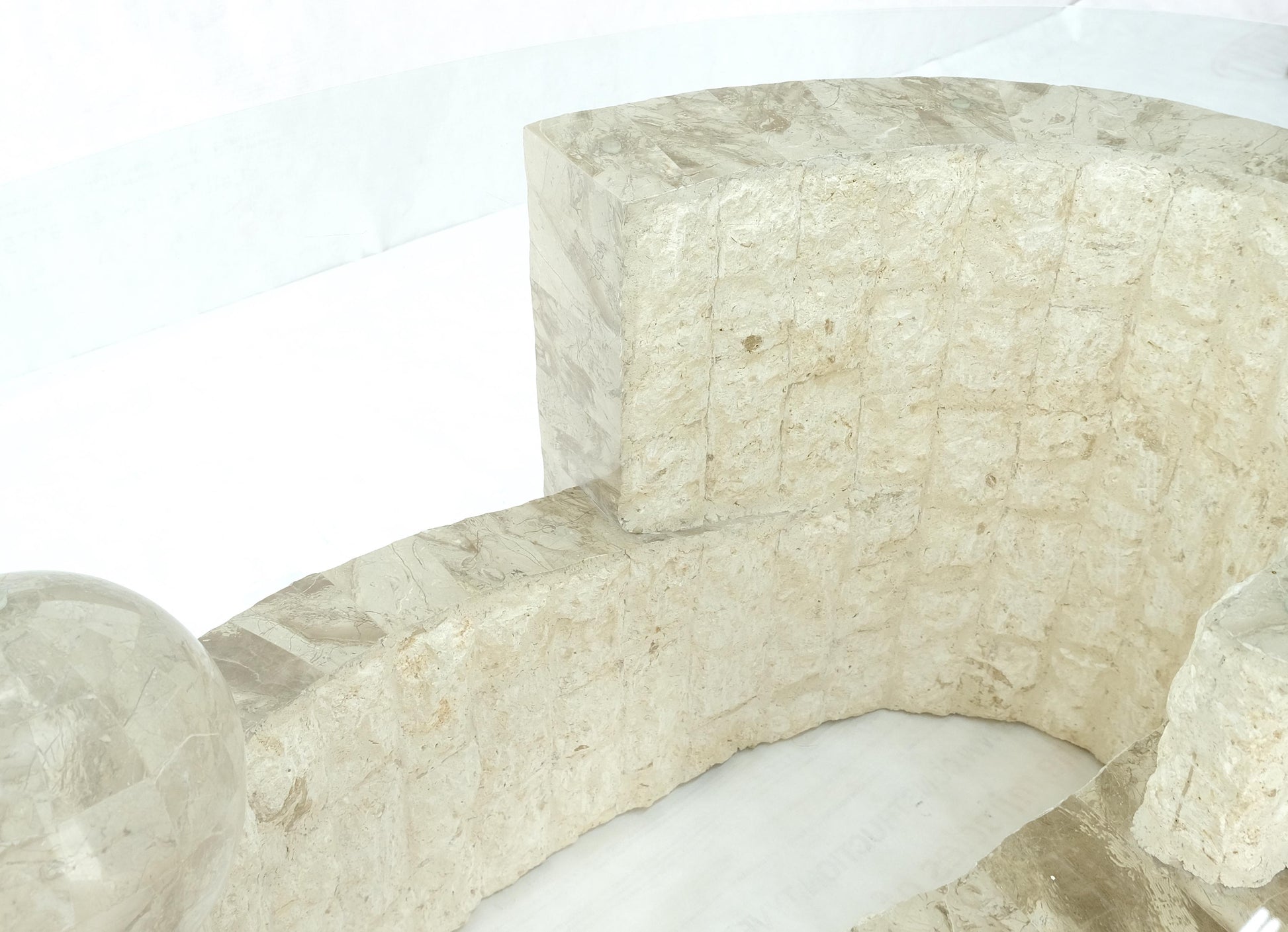 EstablishedLines Oval Glass Top Polished Ball & Shoe Shape Tessellated Marble Base Coffee Table