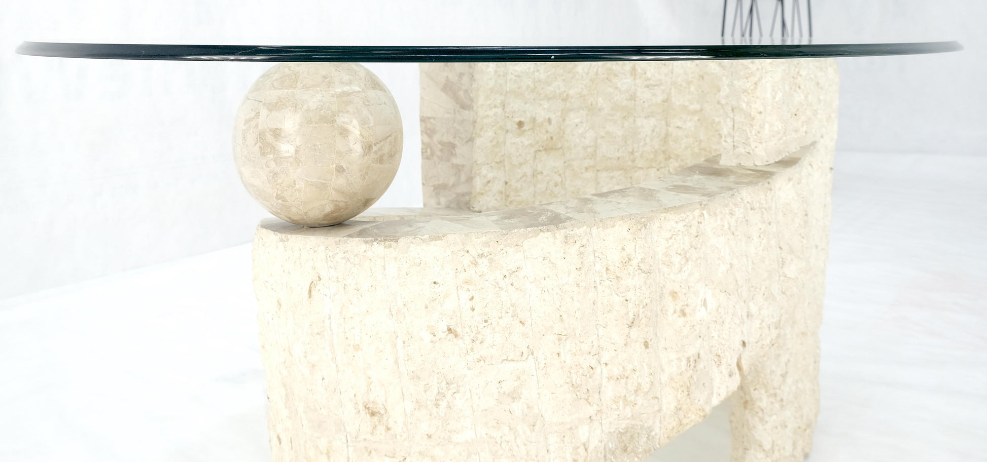EstablishedLines Oval Glass Top Polished Ball & Shoe Shape Tessellated Marble Base Coffee Table