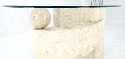 EstablishedLines Oval Glass Top Polished Ball & Shoe Shape Tessellated Marble Base Coffee Table