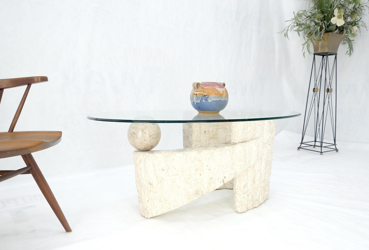 EstablishedLines Oval Glass Top Polished Ball & Shoe Shape Tessellated Marble Base Coffee Table