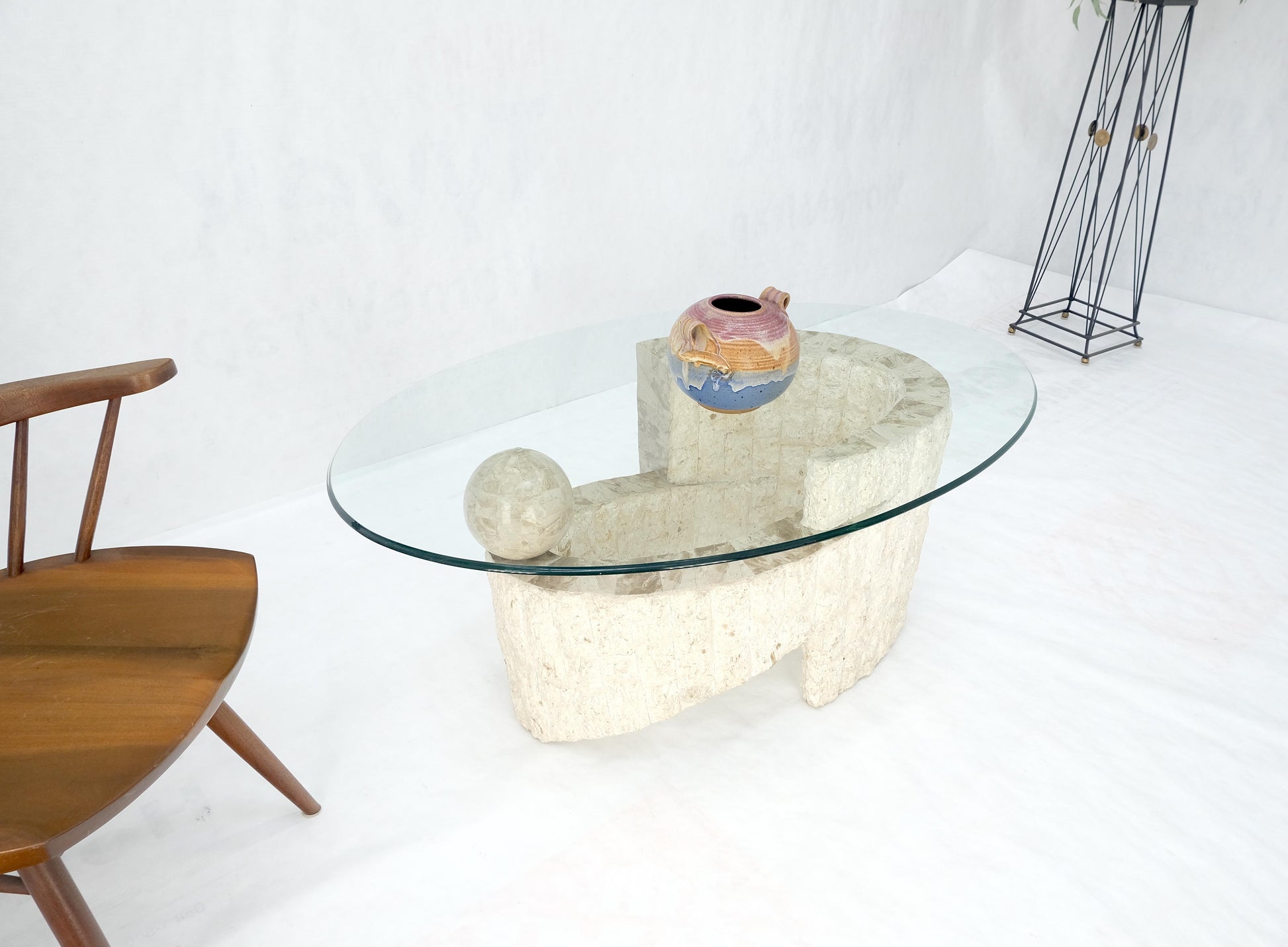 EstablishedLines Oval Glass Top Polished Ball & Shoe Shape Tessellated Marble Base Coffee Table