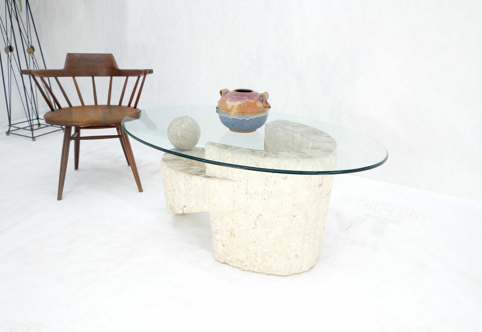 EstablishedLines Oval Glass Top Polished Ball & Shoe Shape Tessellated Marble Base Coffee Table