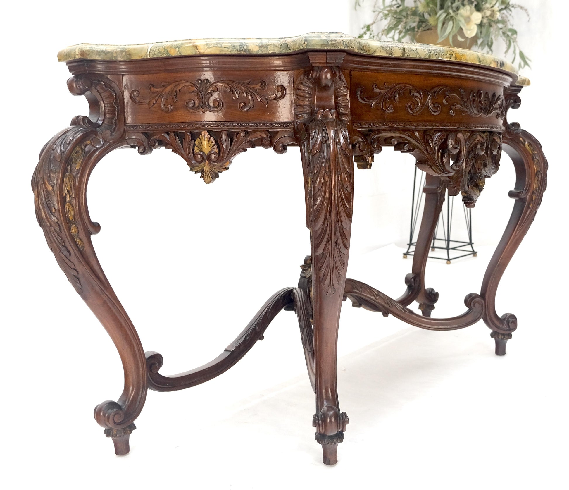 EstablishedLines Regency Revival Heavily Fine Carved Stretcher Base Marble Top Console Table MINT