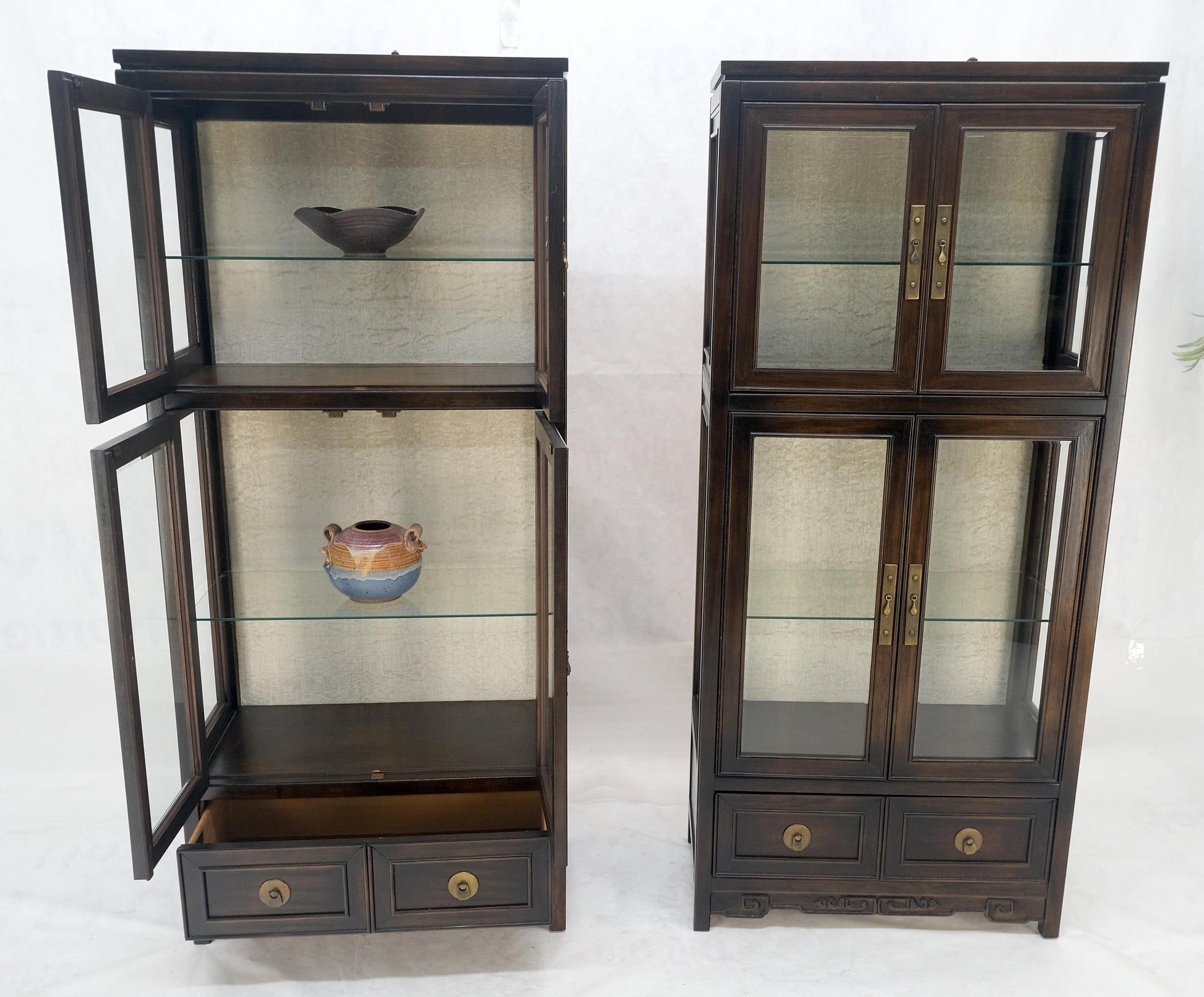EstablishedLines Pair of Asian Compact Display Cabinets Showcases China Cabinets Drawers MINT!