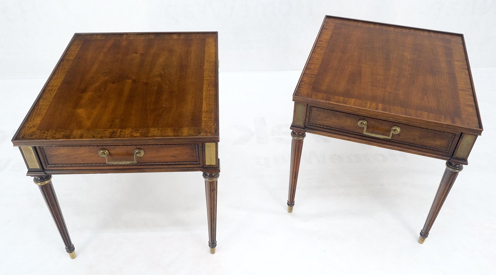 EstablishedLines Pair Banded Top Fluted Tapered Legs One Drawer Low Profile End Tables Stands