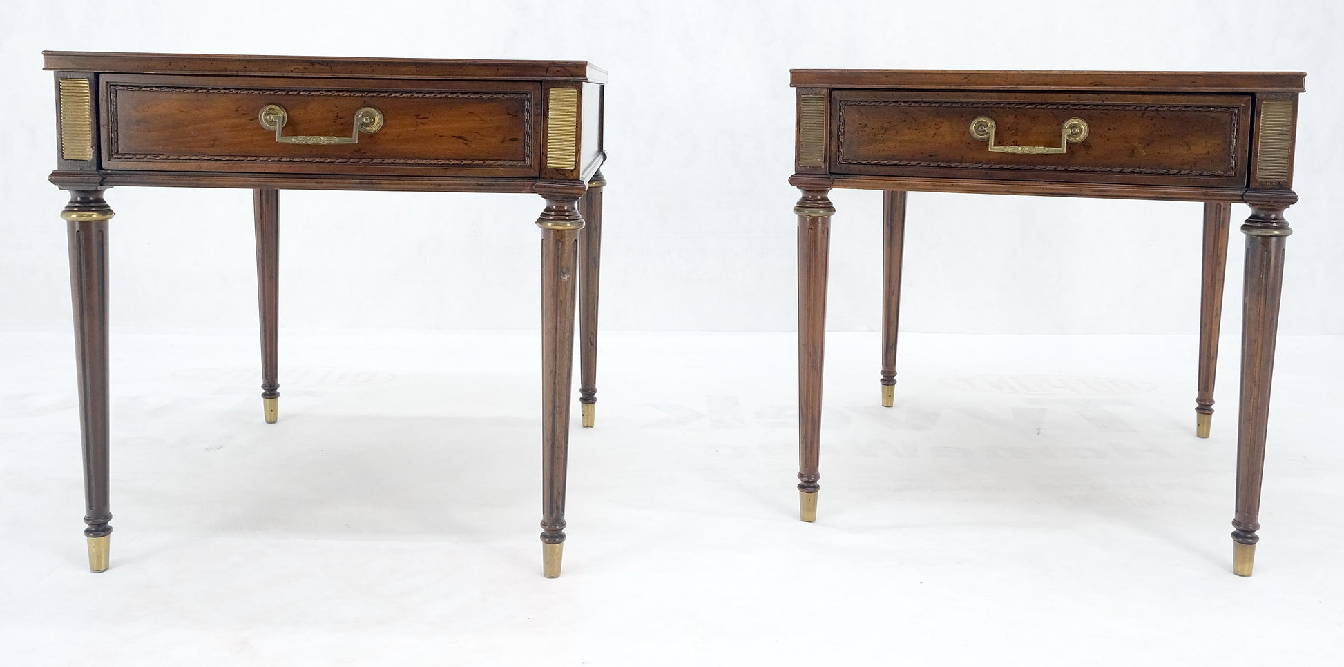EstablishedLines Pair Banded Top Fluted Tapered Legs One Drawer Low Profile End Tables Stands