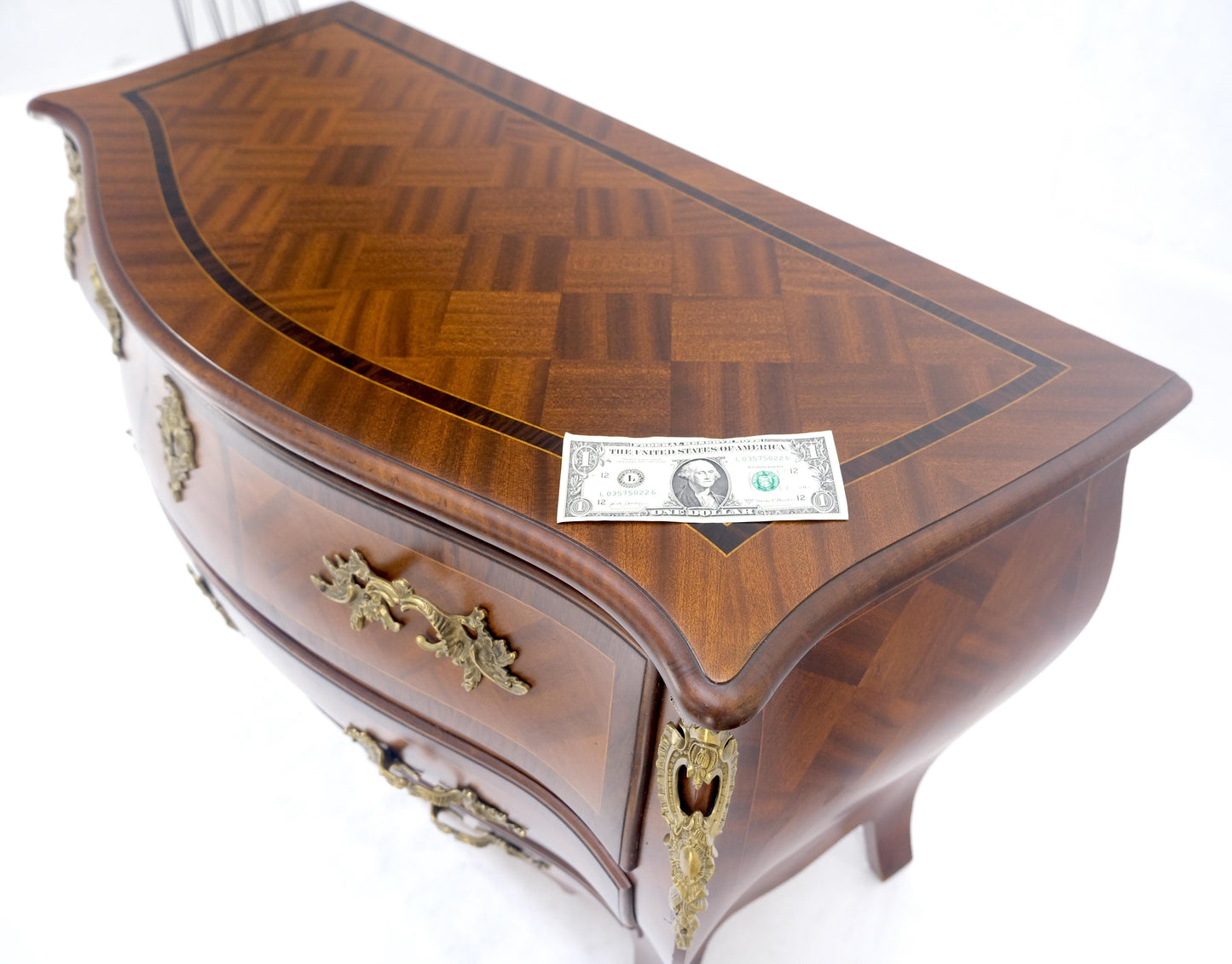 EstablishedLines Bombe French Parquetry Top Bronze Mount Ormolu Mount 3 Drawers Dresser MINT