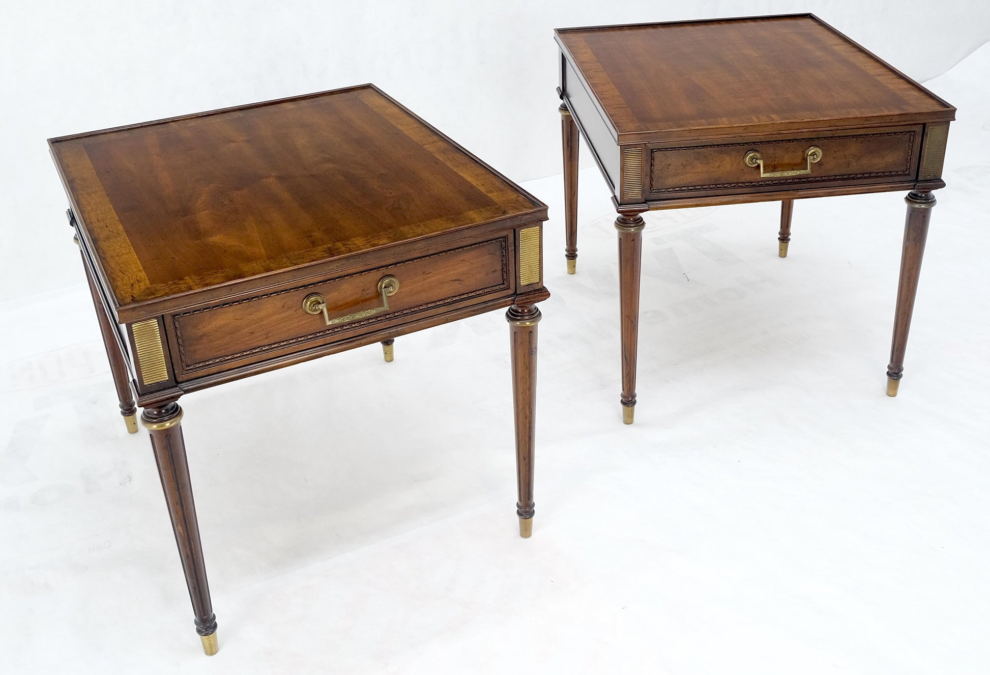 EstablishedLines Pair Banded Top Fluted Tapered Legs One Drawer Low Profile End Tables Stands