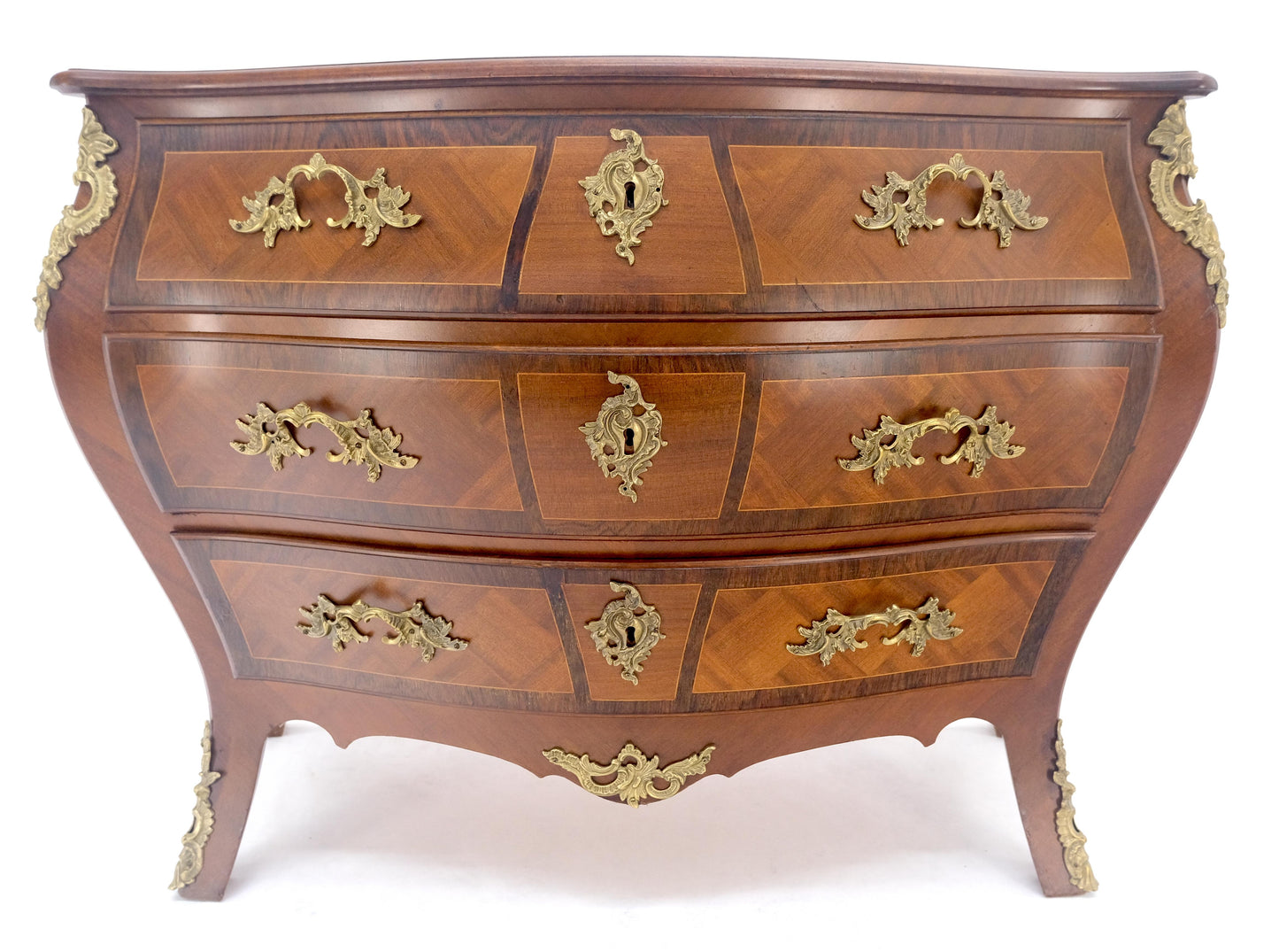 EstablishedLines Bombe French Parquetry Top Bronze Mount Ormolu Mount 3 Drawers Dresser MINT