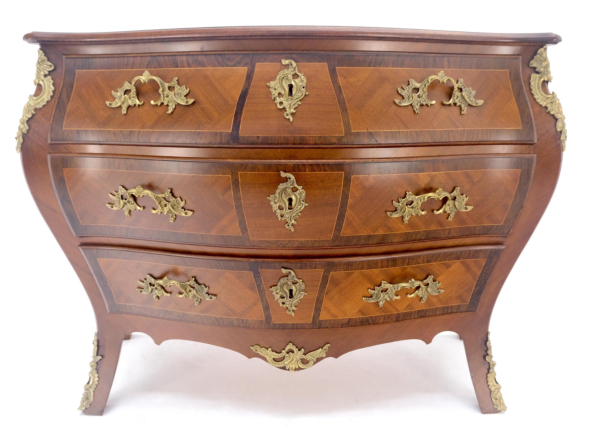EstablishedLines Bombe French Parquetry Top Bronze Mount Ormolu Mount 3 Drawers Dresser MINT