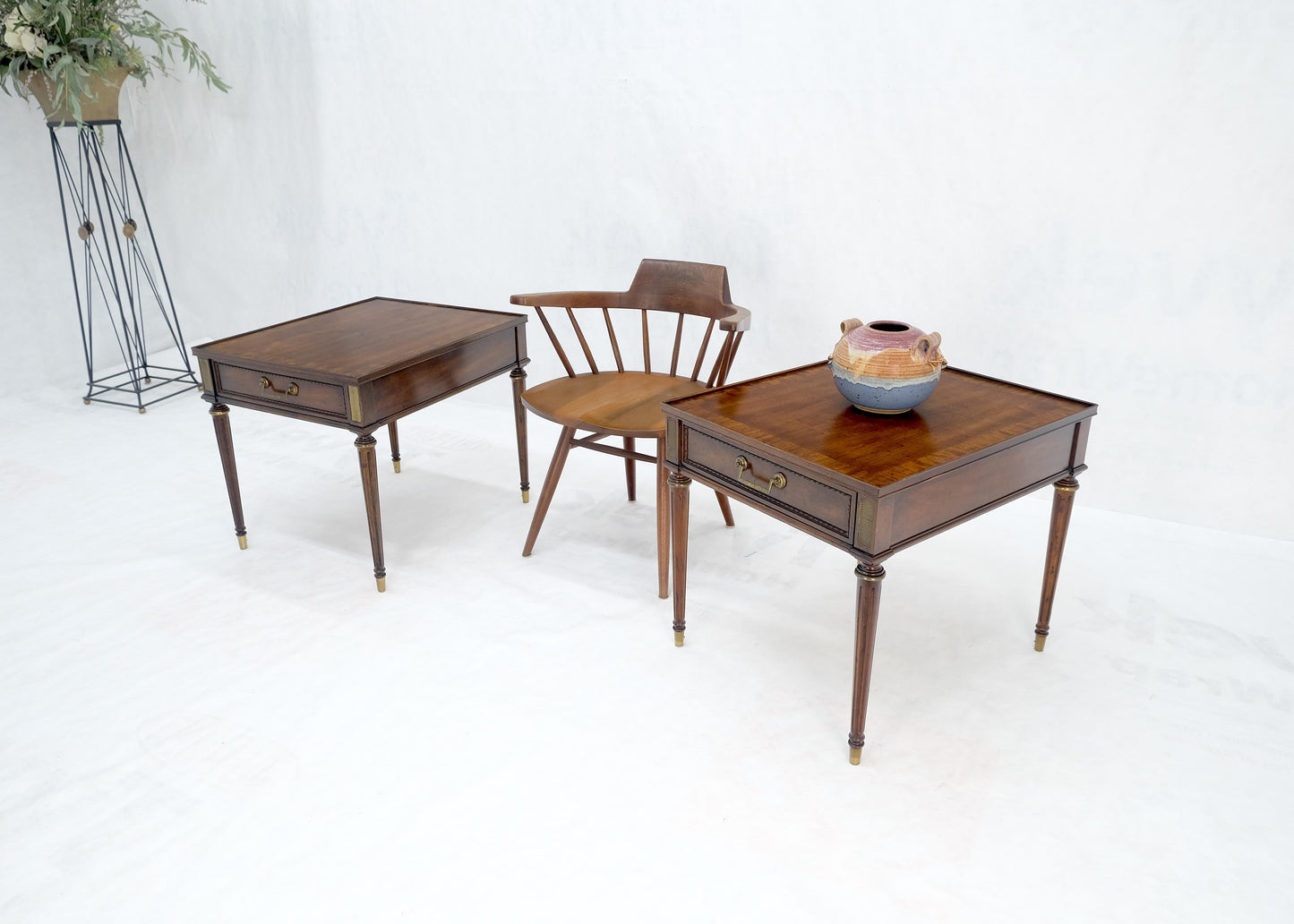EstablishedLines Pair Banded Top Fluted Tapered Legs One Drawer Low Profile End Tables Stands
