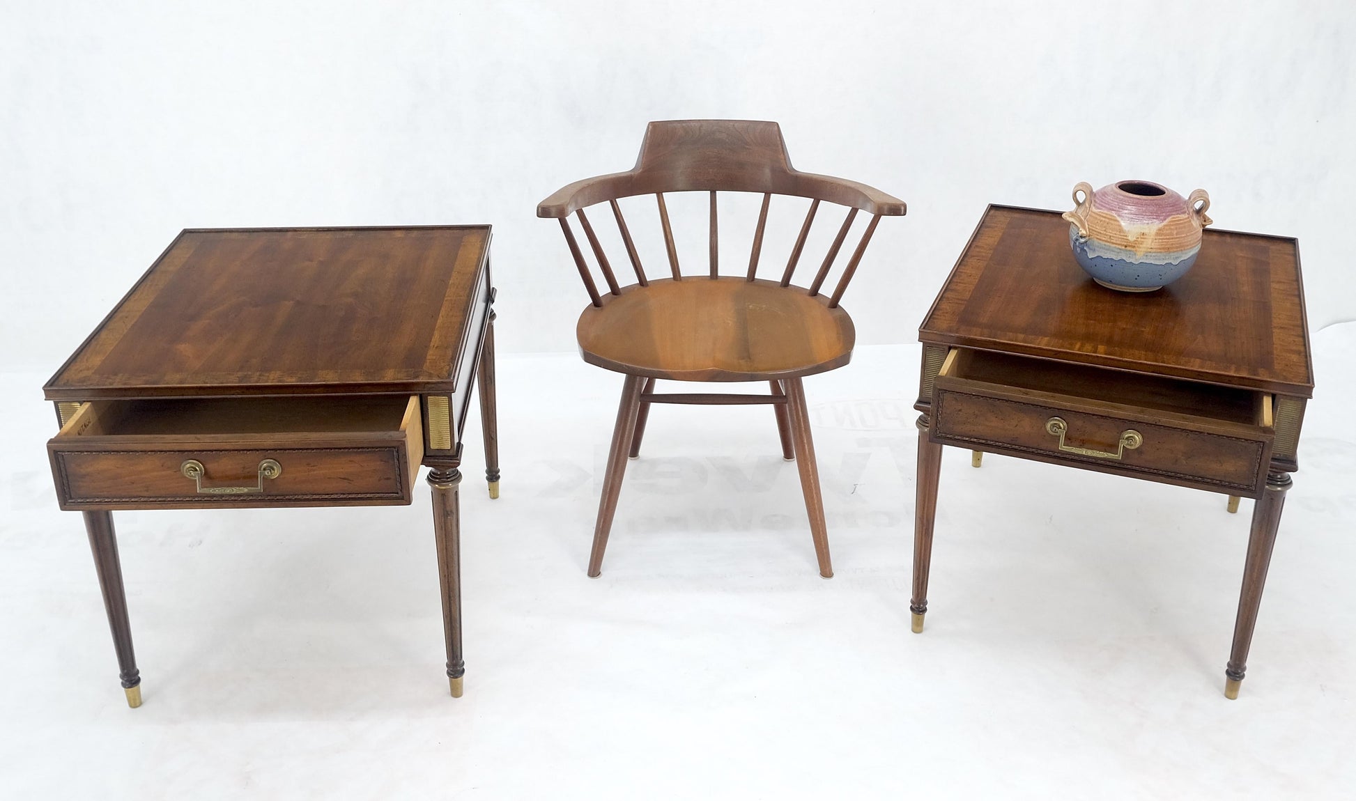 EstablishedLines Pair Banded Top Fluted Tapered Legs One Drawer Low Profile End Tables Stands