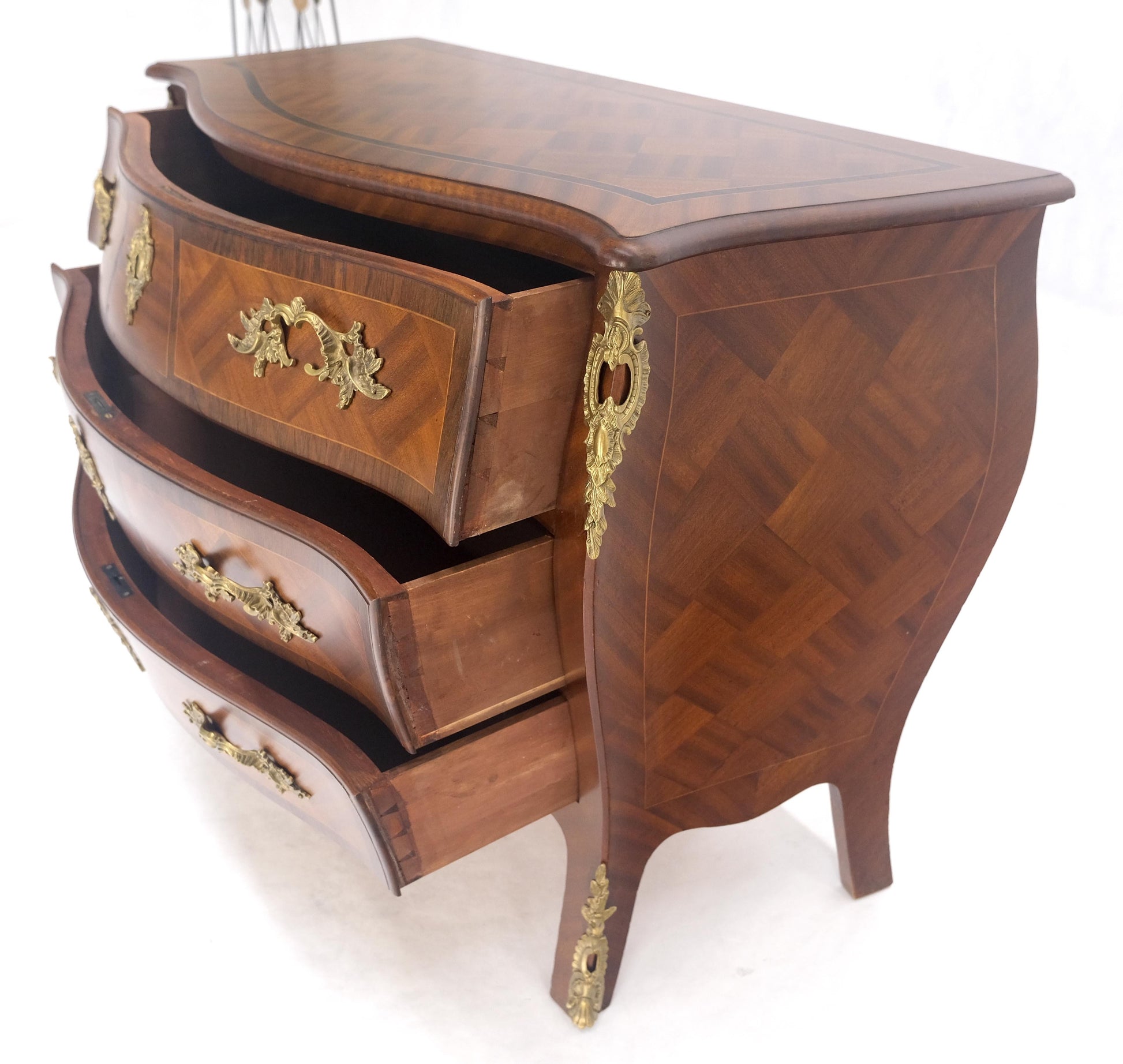 EstablishedLines Bombe French Parquetry Top Bronze Mount Ormolu Mount 3 Drawers Dresser MINT